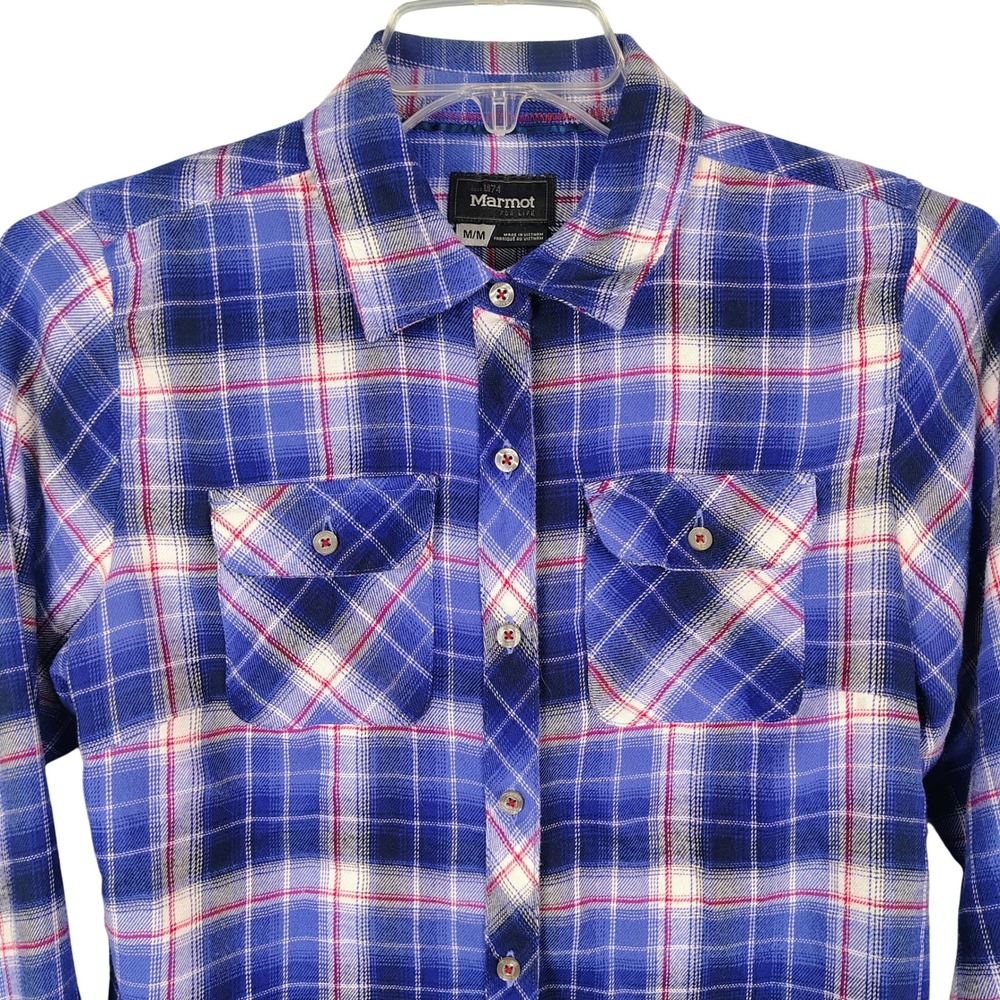 Marmot Womens SZ M‎ Plaid Button Up Shirt Blue Cotton Blend Gorpcore Hiking